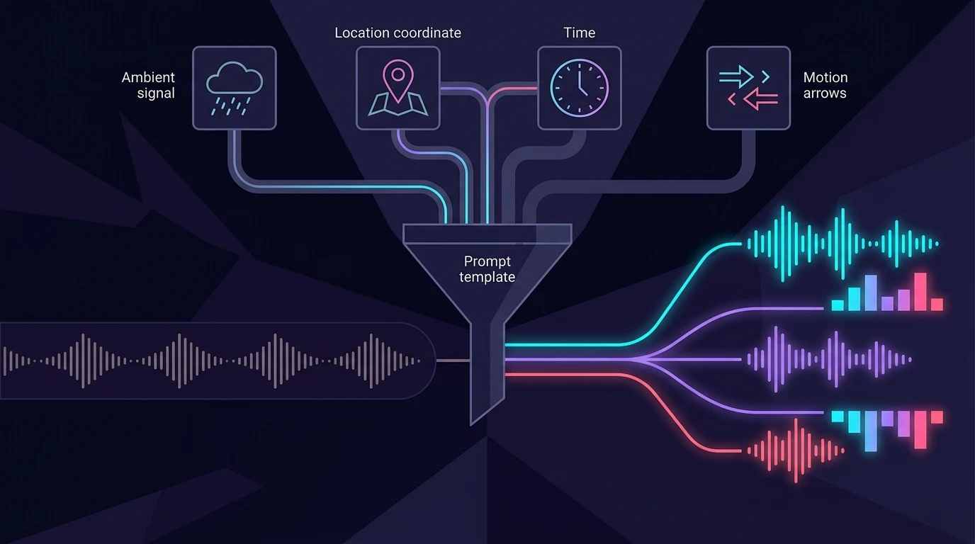 Prompt templates funneling ambient signals into repetitive vs diverse audio generation